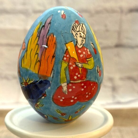 Hand Painted Other - Hand-Painted Turkish Ceramic Pottery Egg Istanbul Grand Bazaar Blue Folk Art VTG